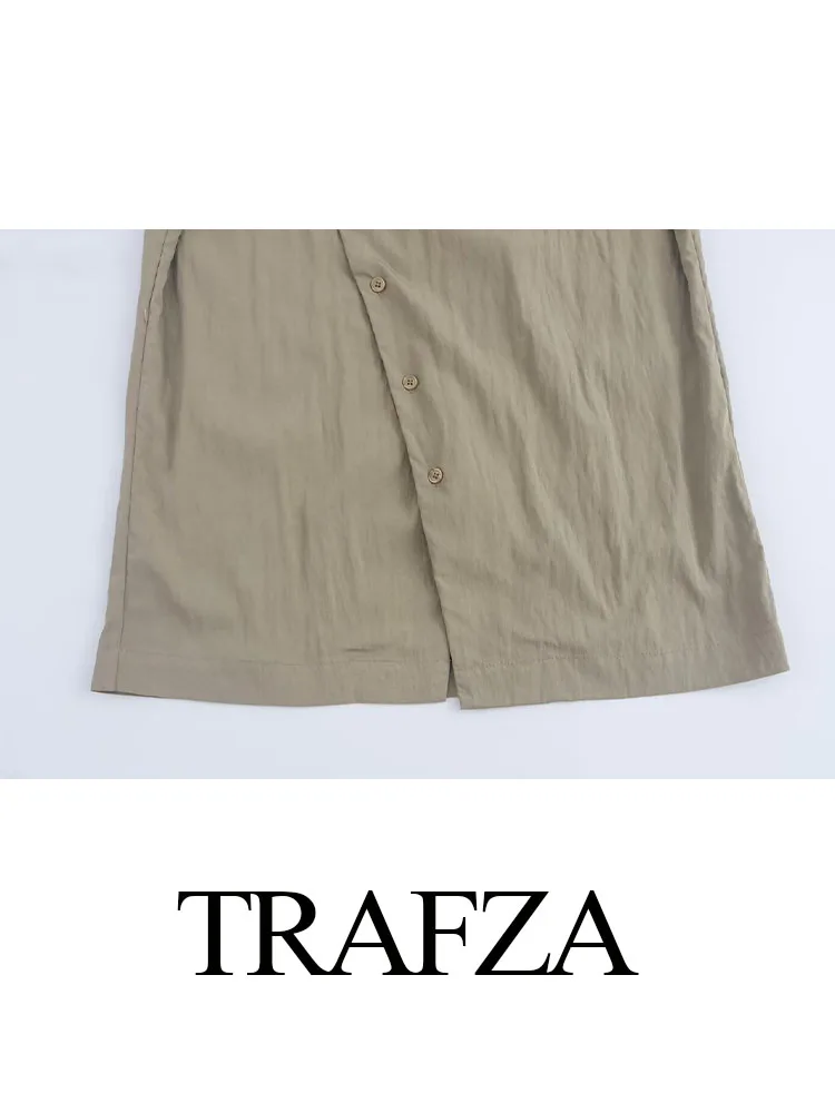 Trafza Dames Sets O-hals Korte Mouwen Knopen Single Breasted Shirt + Hoge Taille Zakken Rits Lange Broek Dames Mode Pakken