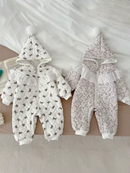 Baby Winter Romper Cotton Clothes for Infants and Young Children with Added Velvet Princess Floral Thickened Outdoor Jumpsuit