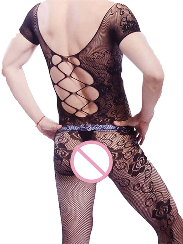 Erotic Black Sexy Bodystockings Men Hollow Fishnet Open Crotch Catsuit Mesh Tights Lingerie Bodysuit Costumes Jumpsuit Teddies