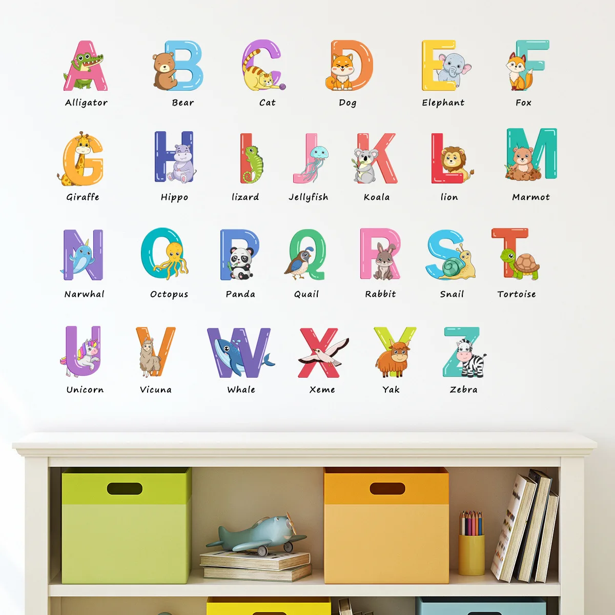 2pcs Cartoon Animal Preschool Education English Letter Wall Sticker Children's Room Bedroom Study  Decoration Mural Wall Sticker