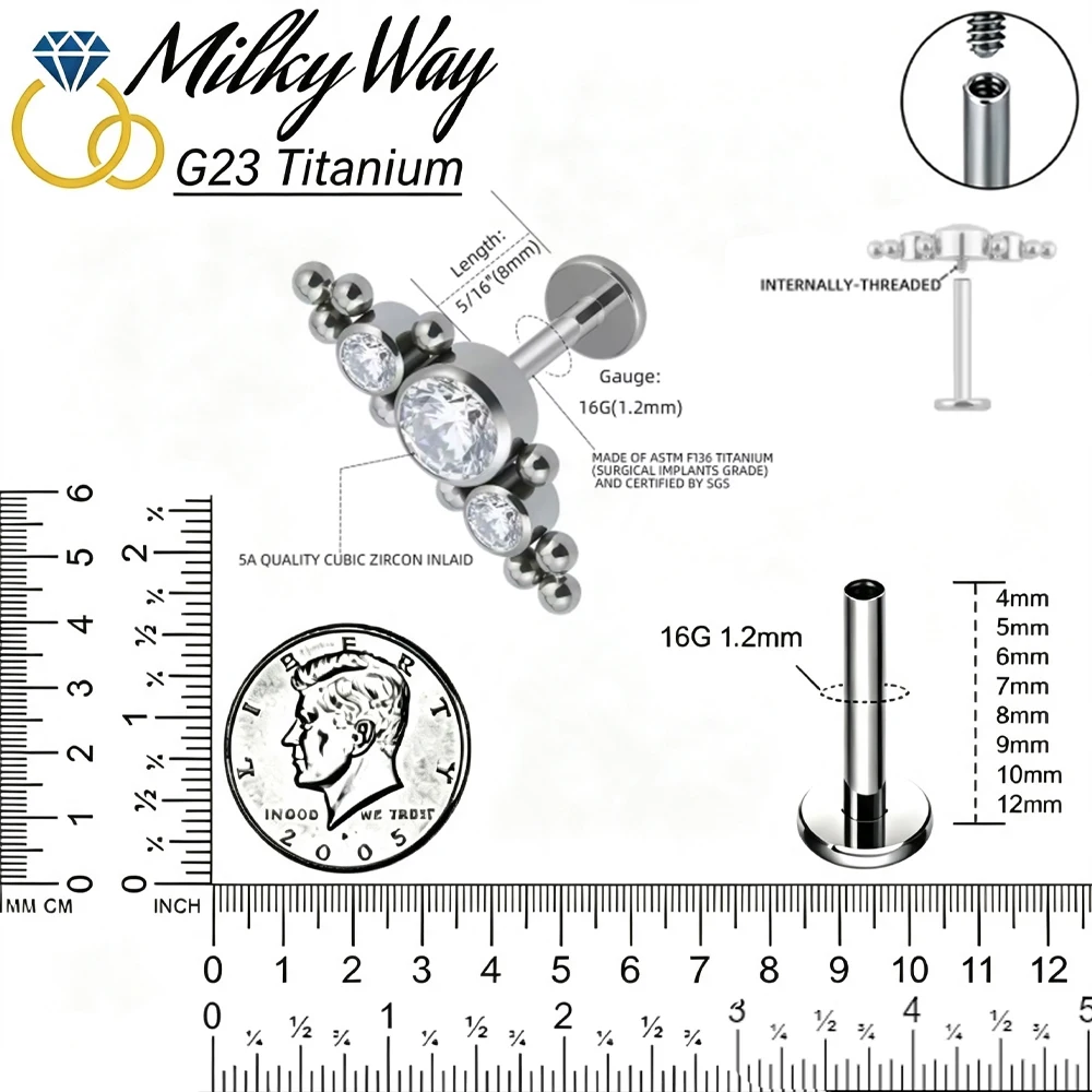 G23 ASTM F136 Titanium 16G Cluster CZ Labret Lip Monroe Cartilage Ear Stud Internally Threaded Conch Ring Helix Piercing Jewelry