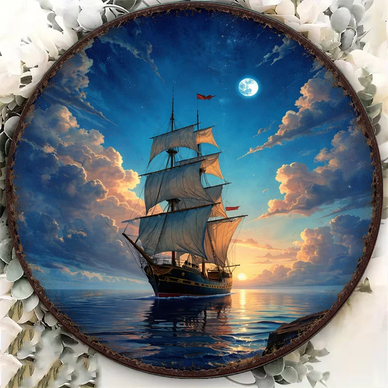 2D Flat, 1pc 8x8in/20x20cm 2D Flat Round Sign, Vintage Plaque Featuring a Sailboat on a Moonlit Night, Nautical Themed Decorativ