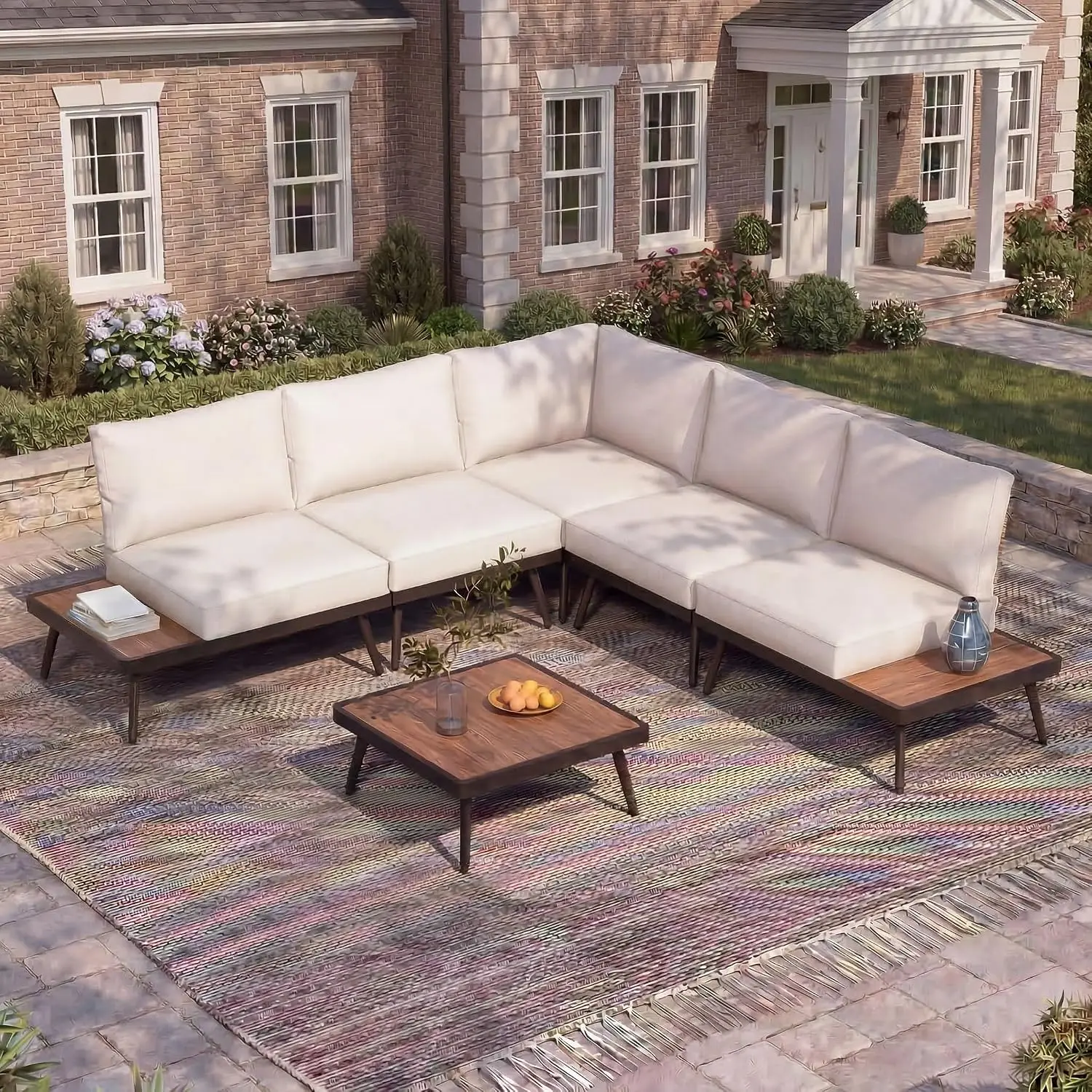 L-Shaped Outdoor Rattan Sectional Sofa Set, 6 Pieces PE Wicker Patio Furniture with Thickened Cushions & Coffee Table, Custom