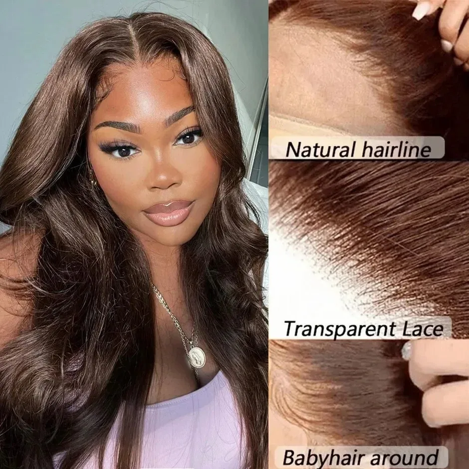 Perruque Lace Front Wig Brésilienne Naturelle, Cheveux Humains, Body Wave, Brun Chocolat #4, 13x6, HD, Densité 200, 36 Pouces, pour Femme