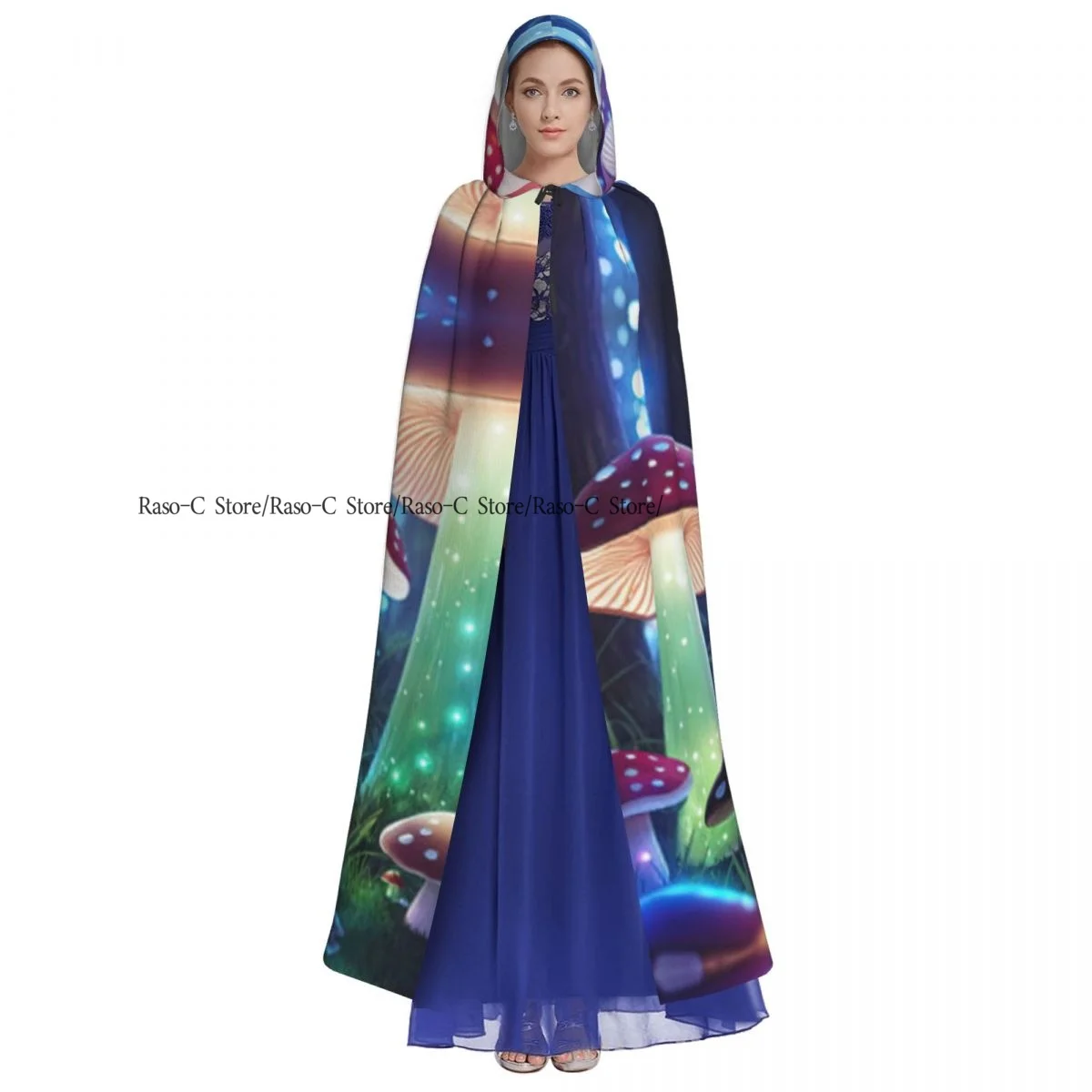 Magic Neon Mushroom Family In Forest Hooded Cloak Polyester Unisex Witch Cape Costume Accessory