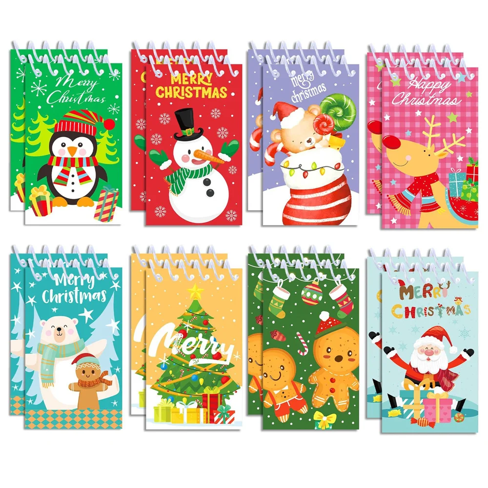 Cuaderno de bobina de 8 Uds., Bloc de notas con tema navideño, Bloc de notas de hojas sueltas, bonito patrón de muñeco de nieve de Papá Noel, libro de escritura de bolsillo