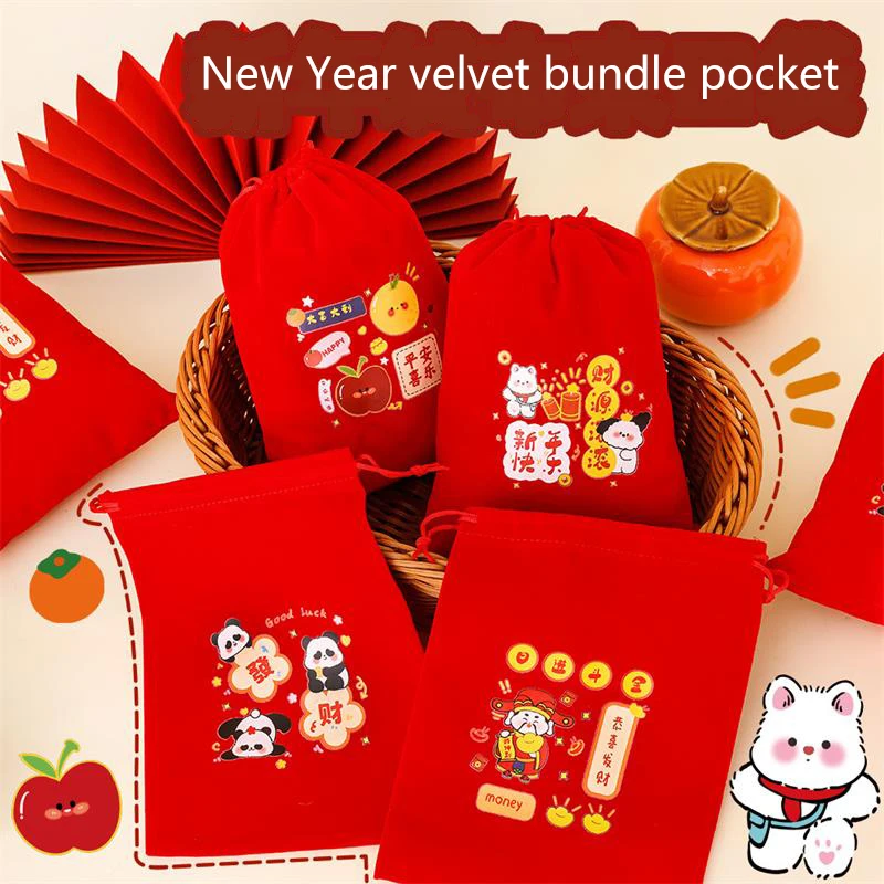 Cute New Year Lucky Flannel Drawstring Bag Children's Spring Festival Candy Snack Blessing Bag Flannel Blessing Gift Storage Bag