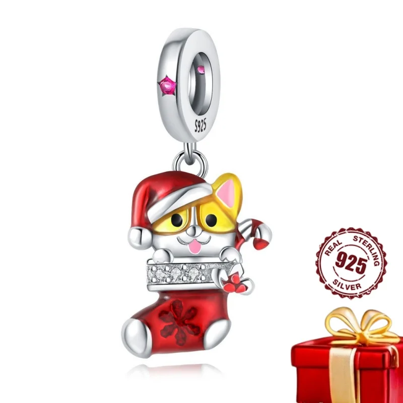 

925 Sterling Silver Christmas Dog Sock Pendant Christmas Series suitable for bead pendants for jewelry making DIY color