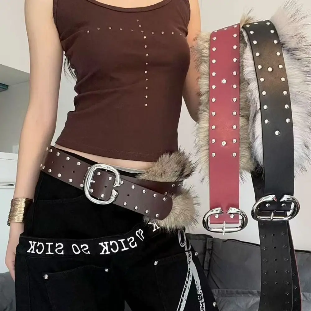 

Fashion Rivet Women's Wide Belt Faux Fur Punk Style Belt Patchwork Leather Y2K Waist Belt Skirt