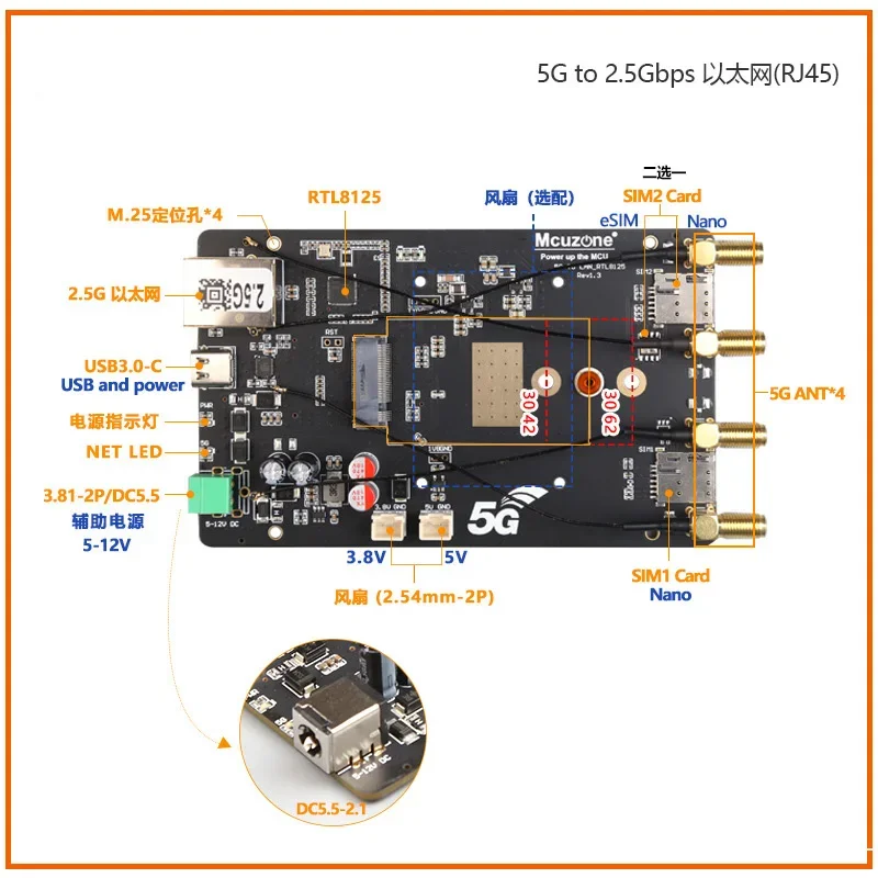 5G M.2 to 2.5G wired Ethernet (RJ45) supports Quectel RM520N-GL RM510Q RM500Q