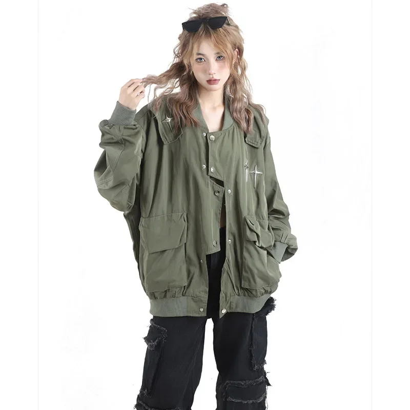 GIDYQ-Jaquetas retrô oversized americanas para mulheres, streetwear Y2K, outwear irregular, bolso vintage, uniforme de beisebol casual, Harajuku