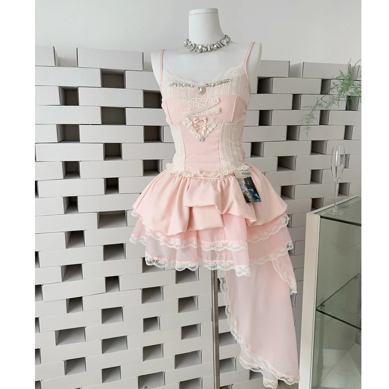 

Pink Women Outfits Elegant Sexy Sets Velvet-feeling Lace Beaded Dress Top + Flower Bud-style Short Skirt + Mesh Long Skirt Suits