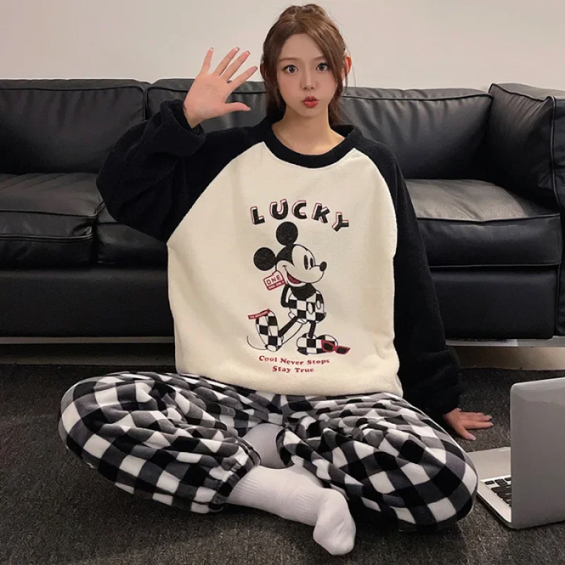 Cartoon Disney couple pajamas winter cotton plush long-sleeved trousers two-piece set Hello Kitty loungewear women\'s pajamas