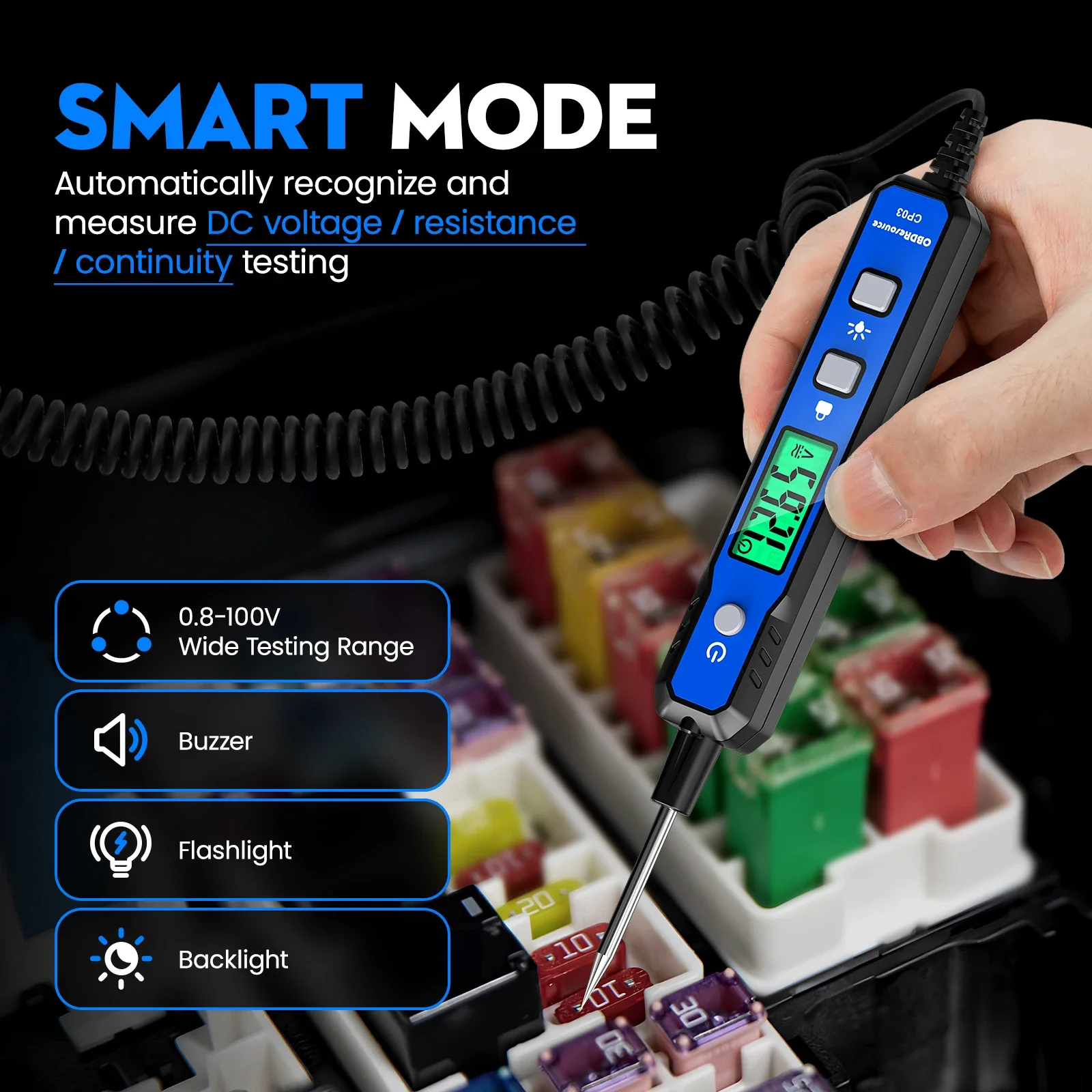 Smart Circuit Tester for Car 0.8V-100V DC Digital Voltage Tester with Backlight And Flashlight Polarity & Continuity Measurement