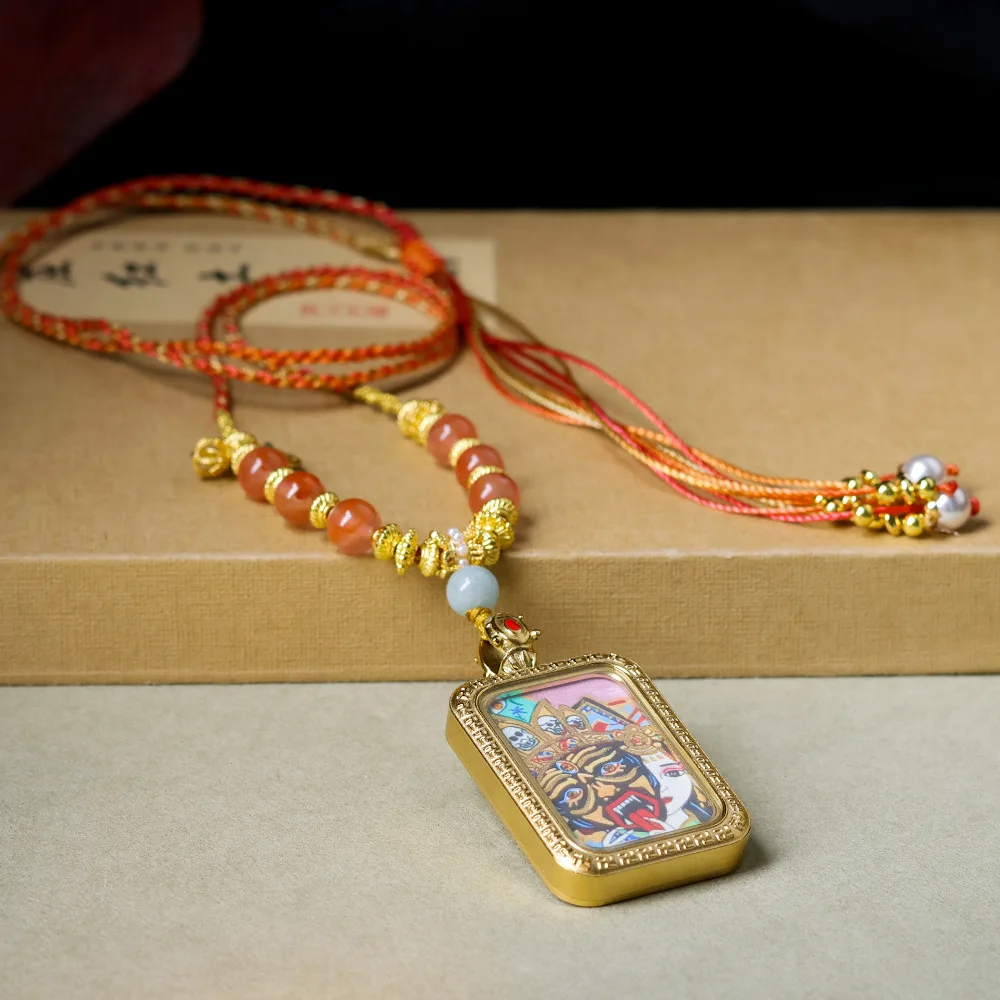 New titanium steel hand-painted gold zakiram thangka colour-preserving plating pendant southern red agate necklace jumper chain