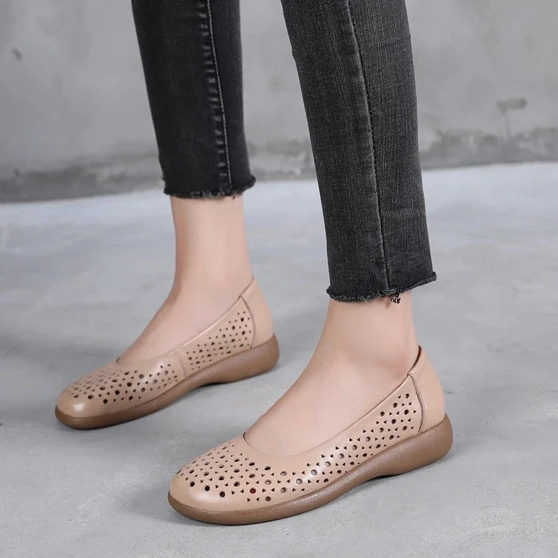 New Spring Summer Retro Women Flats Casual Pointed Toe Genuine Leather Slip-on Hollow Clogs Woman Shoes mary jane shoes