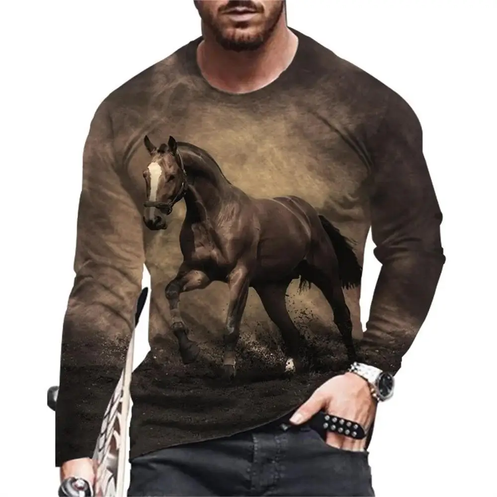 

Animal Horse Pattern Printed Men's Long Sleeved T-Shirts Creative Personality Street Fashion Casual Quality Comfortable Clothing