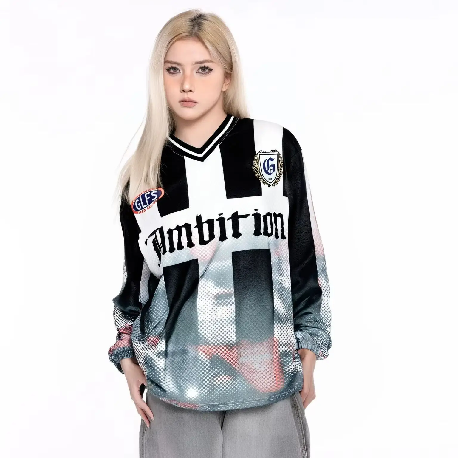 American Trend Cotton circle fabric combined with mesh fabric graffiti printed number jersey style long-sleeved shirt