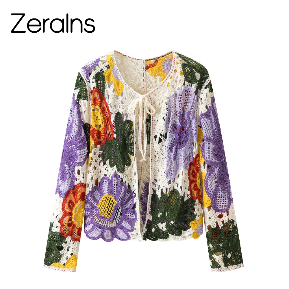 ZERAINS 2026 Autumn New Bohemian Contrasting Flower Hook Flower Hollow Knitted Cardigan Ethnic Style Hoodie