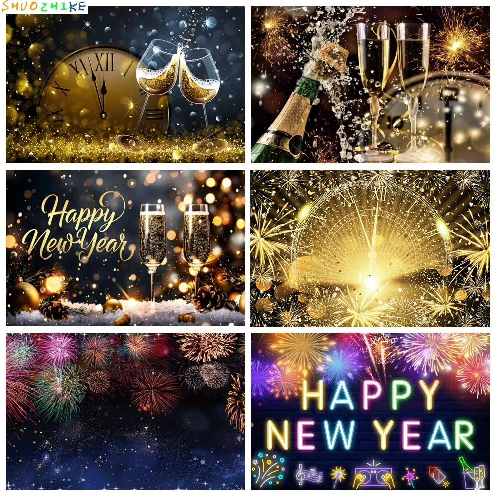 

Happy New Year Backdrops For Photography Green Polka Dot Digital Clock Champagne Party Celebration Photo Background Photo Studio