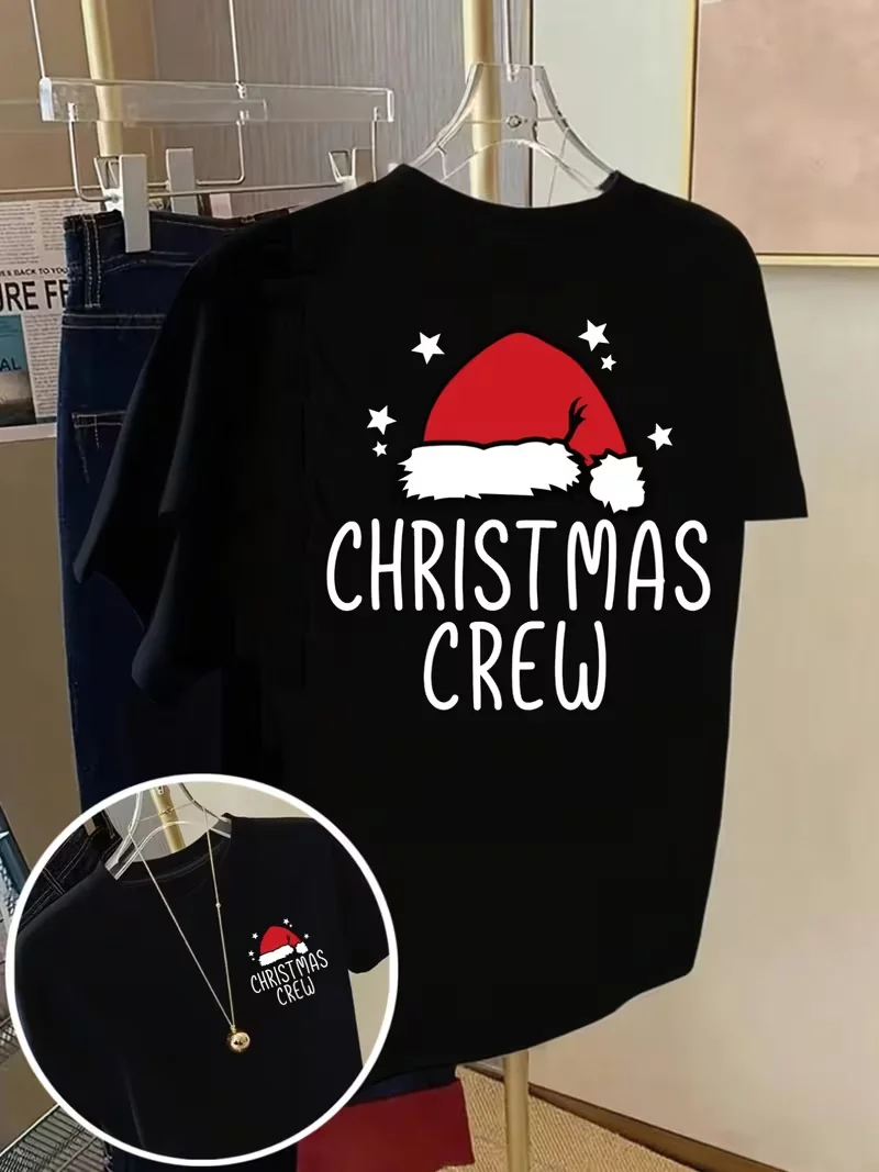 Christmas Crew Santa Hat T Shirt Women Office Party Graphic Tees School Event Team Photo Wear Holiday Outfit Garments