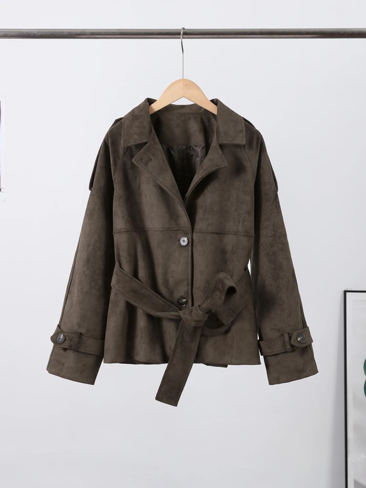 

Модные замшевые куртки женские с поясом с длинным рукавом и отложным воротником на шнуровке коричневые пальто 2025 зима-весна уличная верхняя одежда для женщин