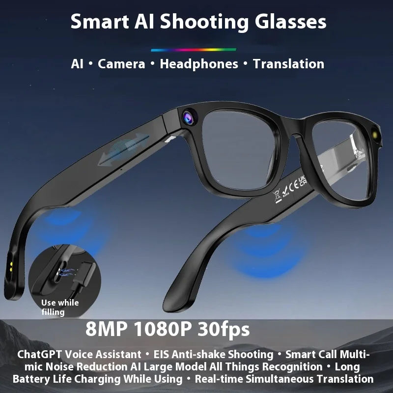 AI Intelligent Voice Call Simultaneous Interpretation Smart Glasses with 800W Pixel Camera for Photo and Video
