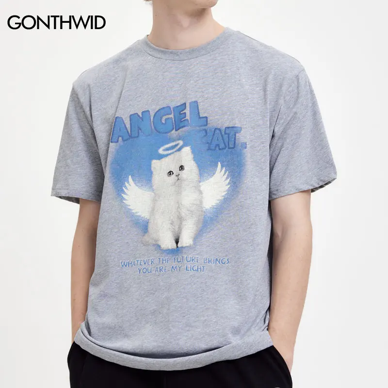 Harajuku Tshirt Hip Hop Cute Angel Cat Graphic Print T-Shirt Streetwear Fashion Casual Loose Tee Unisex Summer Top Shirts Couple