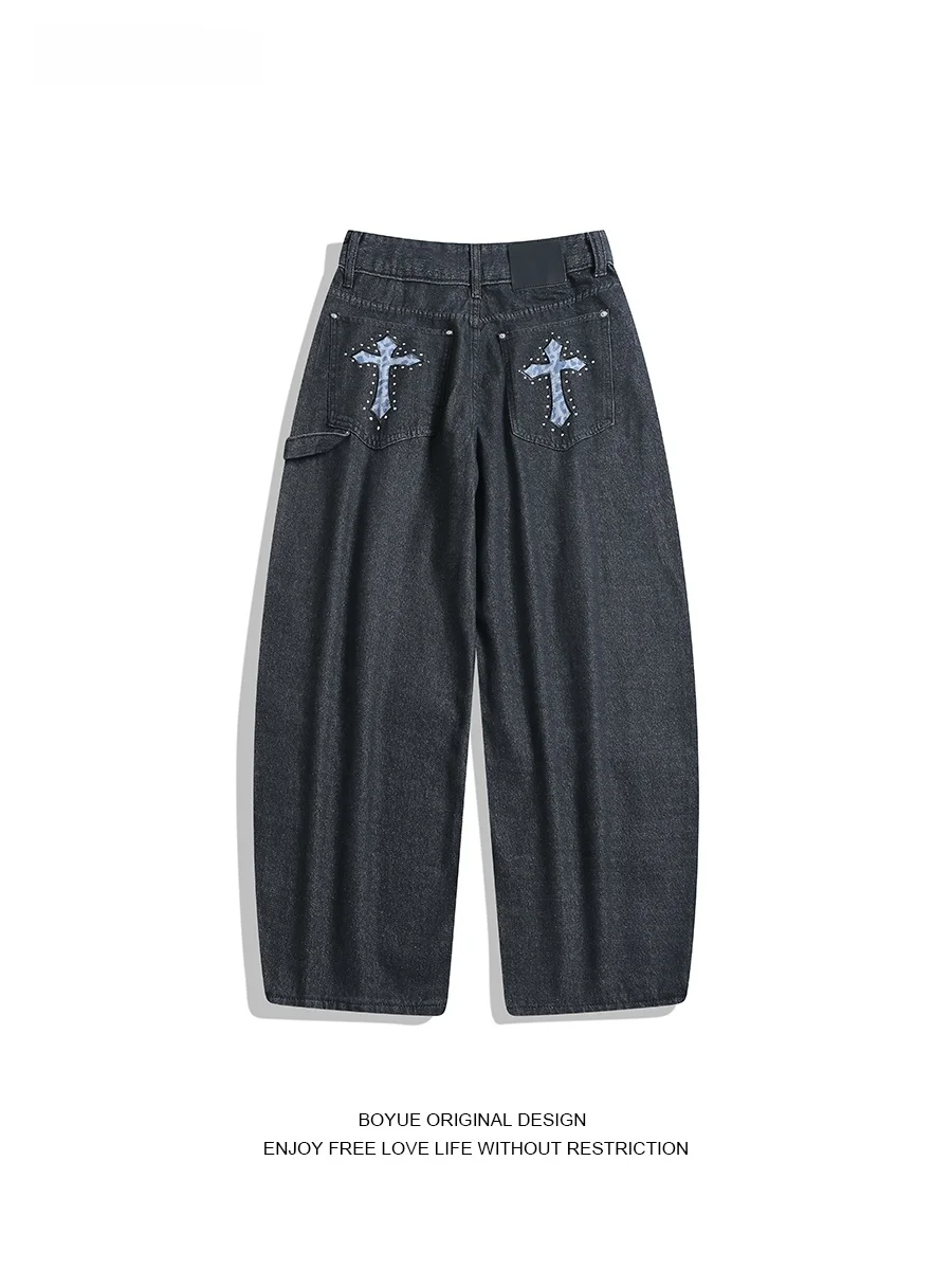 

Boyue Cross Stitched Embroidered Jeans Men's Bent Knife Wide Leg Pants with Sequins Design Casual Slimming Street Sle