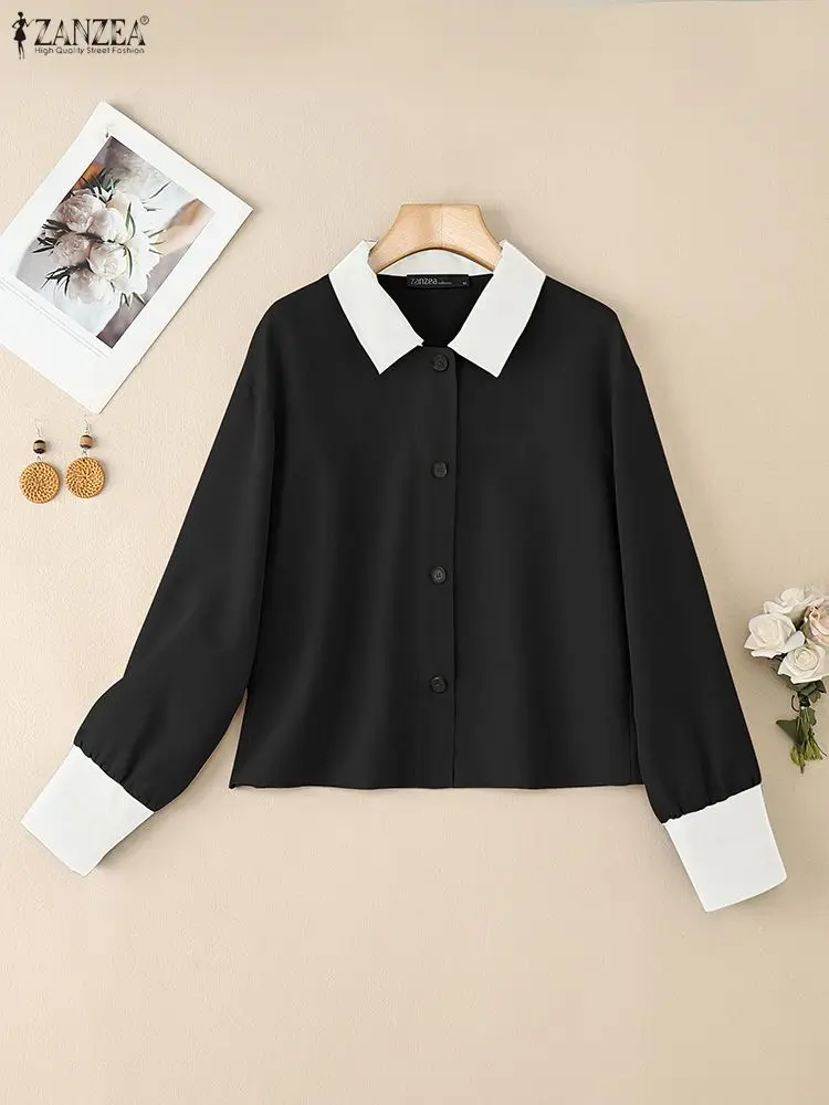 

ZANZEA модные осенние рубашки с длинными рукавами и лацканами, женская лоскутная блузка, женская рабочая рубашка OL, элегантные топы на пуговицах 2025