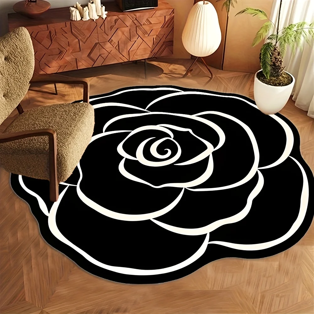 Black White Camellia Flower Shaped Rug Minimalist Floral Tufted Floor Mat Soft Non  Washable Area Carpet Living Room Home Decor