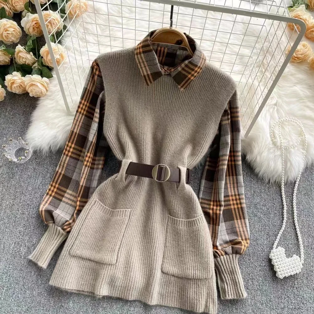 Argyle Sweater Womens 2021 New Plaid Shirt Fashion Knit Suit Mid-length Sweater Skirt Waist Tie