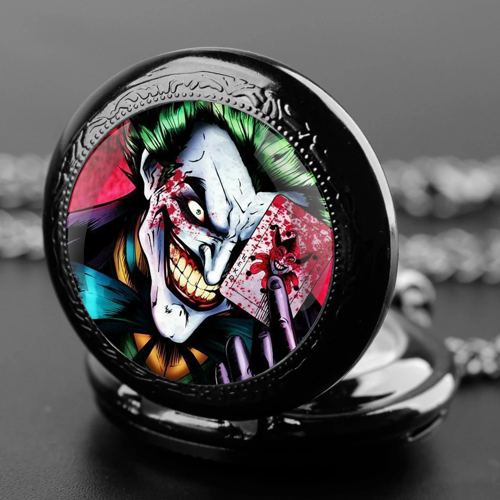 Joker Design Glass Dome Quartz Pocket Watch With Durable Chain Arabic Numeral Dial For Men And Women Creative Gifts