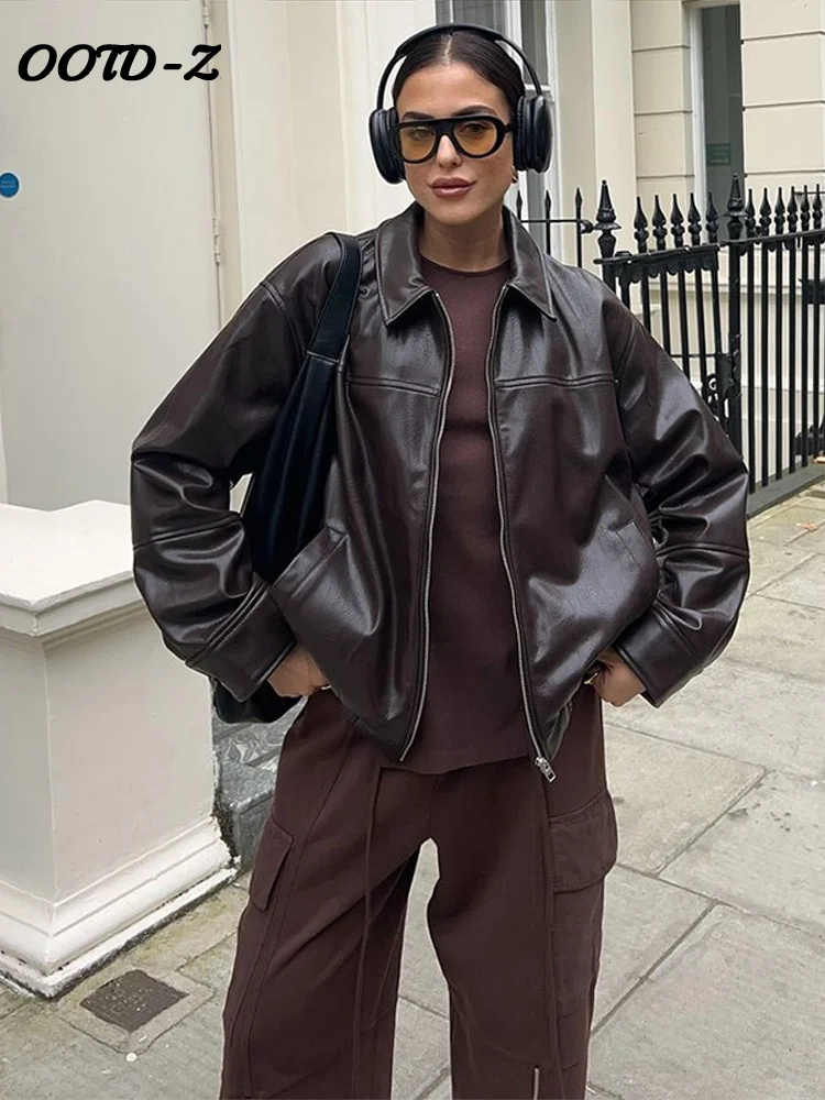 معطف جلد أنيق المرأة عادية فضفاض التلبيب سحابات جيب كم طويل سترة الإناث 2025 الربيع شارع العليا سيدة أبلى