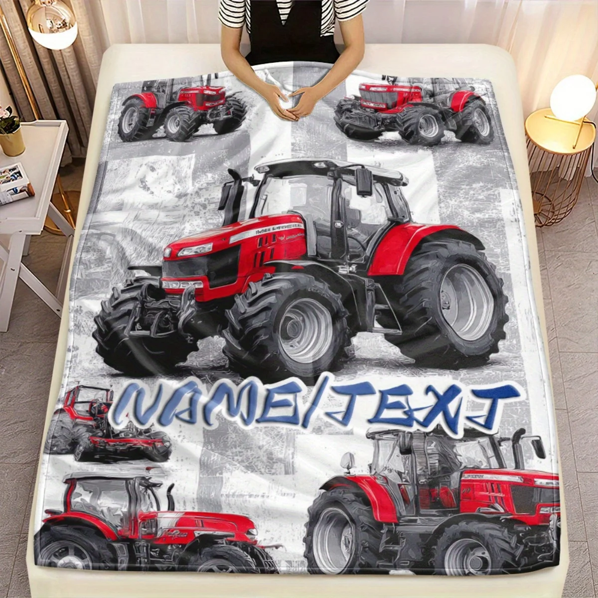 Customize 1pc Personalized Farm-Themed Blanket - Custom Name/Text, Red Tractors on Gray Background - Soft Lightweight Flannel Th