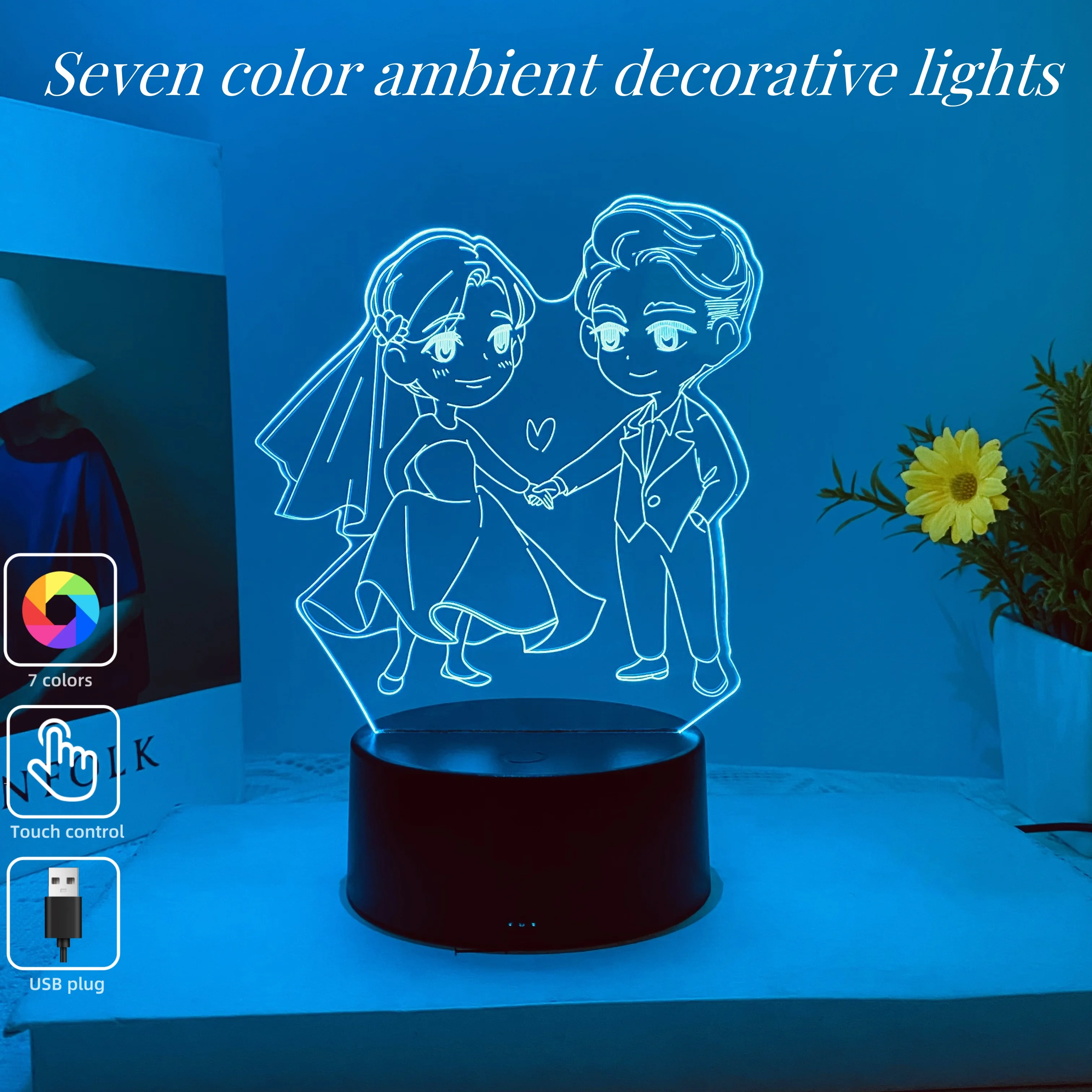 1pcs Valentine's Day element 3D night light, Valentine's Day gift table light, USB atmosphere decorative light.