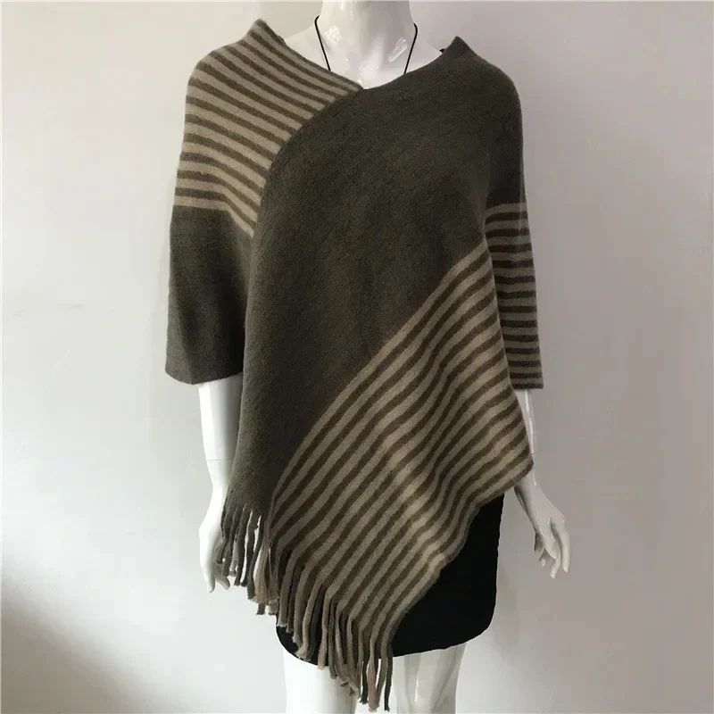 2024 Spring Autumn New Loose Stripe Two-color Contrast Tassel Pullover Cloak Shawl Women Sweater Kitting Poncho Cape Black