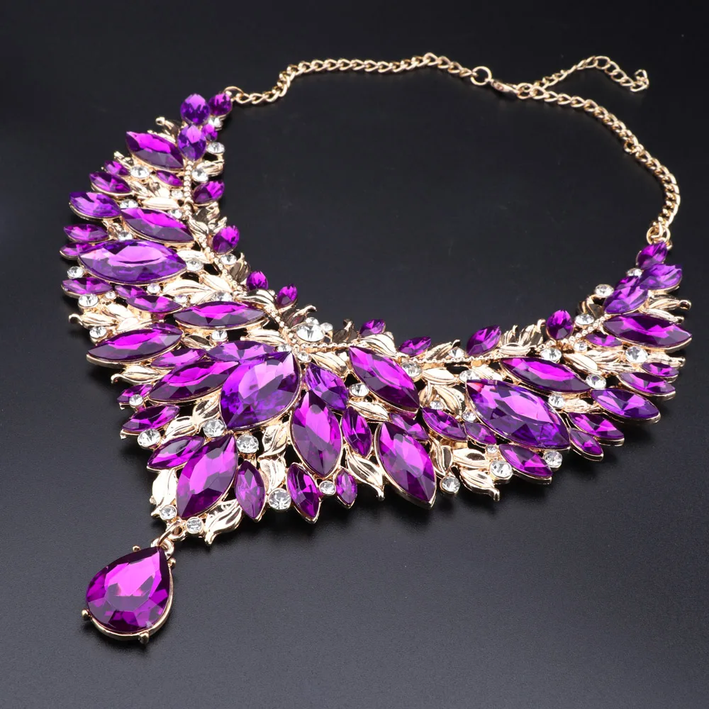 Purple Crystal Necklace Earrings Indian Luxury Bridal Jewelry Set Wedding Party Prom Costume Jewellery Christmas Gift for Women