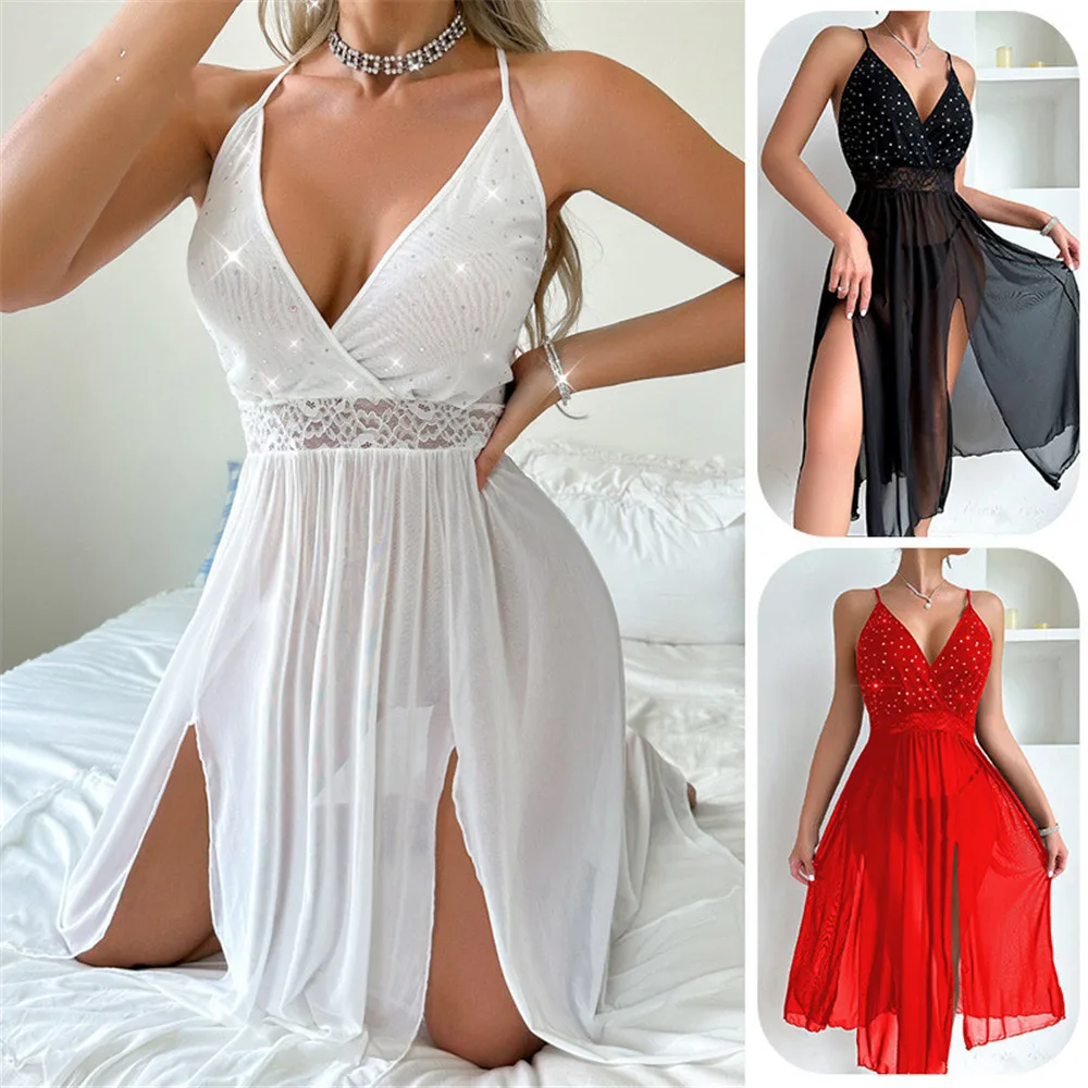 

Women Sexy Lace Spaghetti Strap Split Nightdress Fashion Backless Chiffon Nightgown Transparent Hollow Mesh Dress