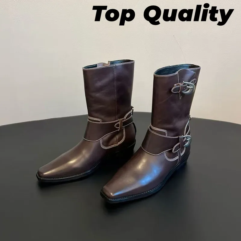 Women's minimalist tower buckle design elastic boots women's real leather material fashionable elastic short boots