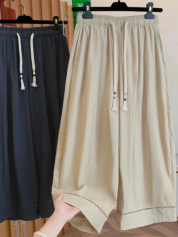 

High Waist Wide Leg Pants Women's plus Size Fashionable Artistic Drawstring Elastic Waist Bend Knife Pants Casual Style