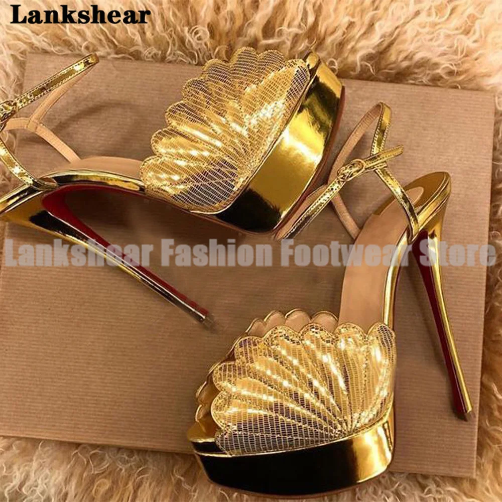 

Golden Shell Decor Platform Sandals Women Shoes Summer Round Toe Stiletto Heel High Heels Elegant Sandalias De Mujer Verano