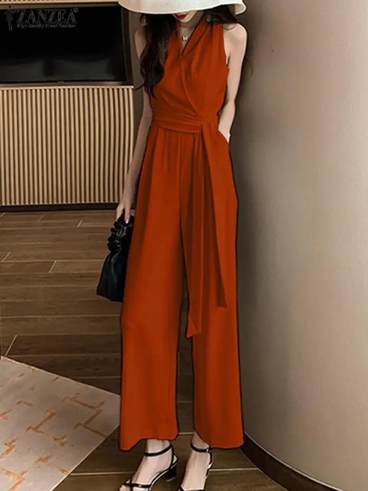 

ZANZEA Fashion Jumpsuit Women 2023 Summer Sleeveless Belted Long Romper Elegant V Neck Playsuit High Waist Wide Leg Pant Overall