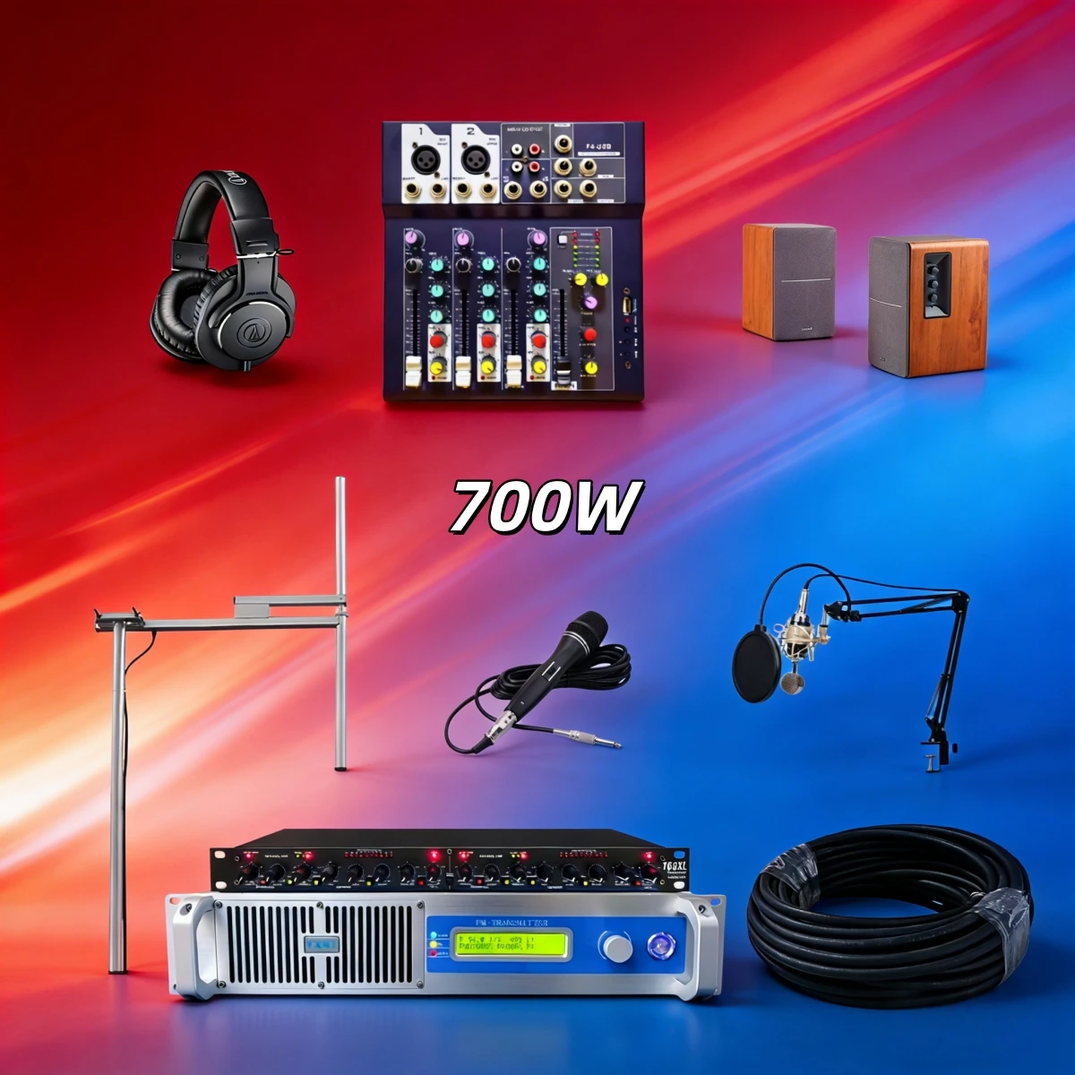 

Комплект студийного оборудования «Всё в одном»: FM-передатчик 700 Вт + антенна и кабель + динамик для школ и церквей + связь воздух-земля для авиации