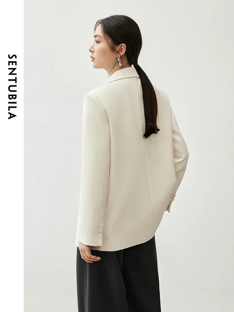 SENTUBILA Padded Shoulder Blazer for Women 2024 Autumn Commute Casual Loose Office Lady Work Business Tailored Coat 143X56552