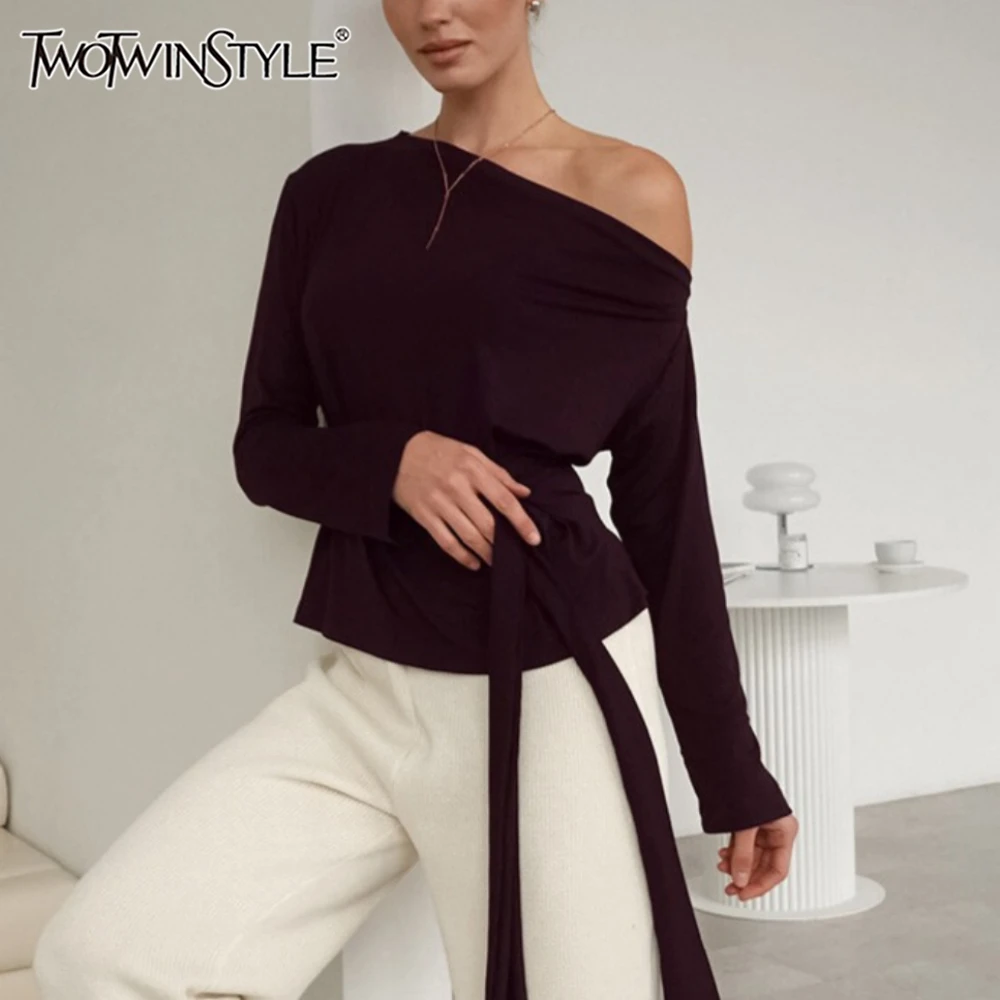 TWOTWINSTYLE Burgundy Elegant Off Shoulder T Shirt for Women Lace Up Accent Slimming Waist Long Sleeve Top for Office Commute