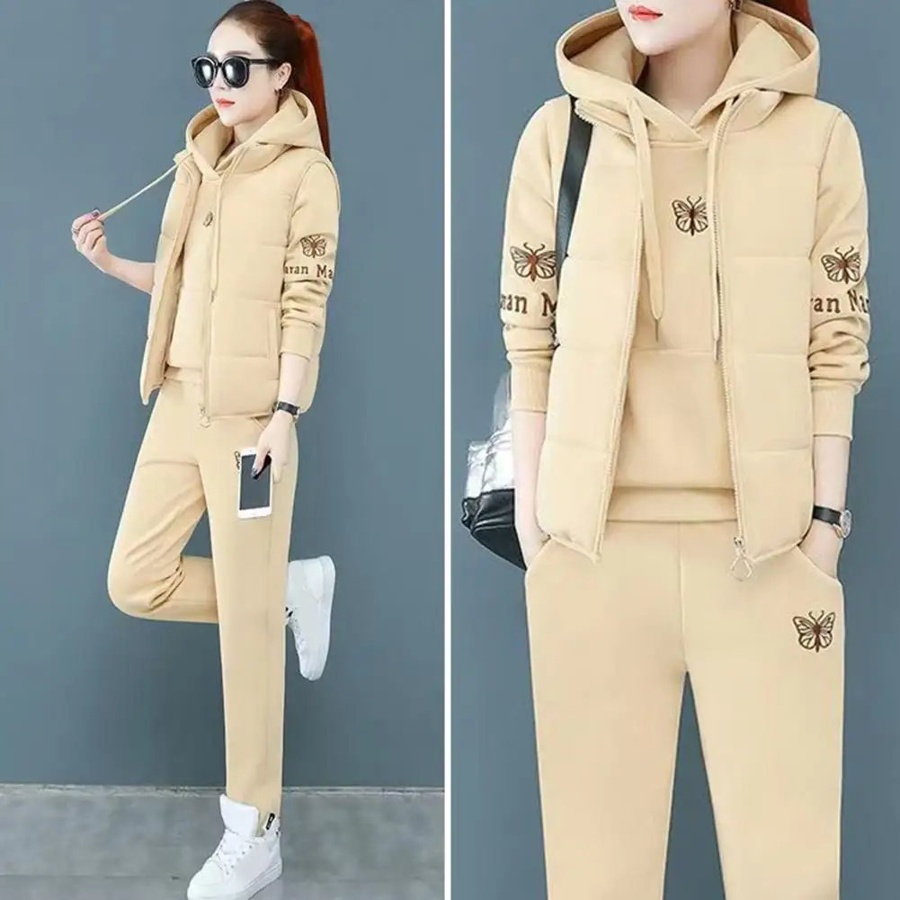 Winter Sport Clothes Women's Winter Tracksuit Set with Embroidered Hoodie Padded Coat Elastic Waist Pants 3 Piece for Cold