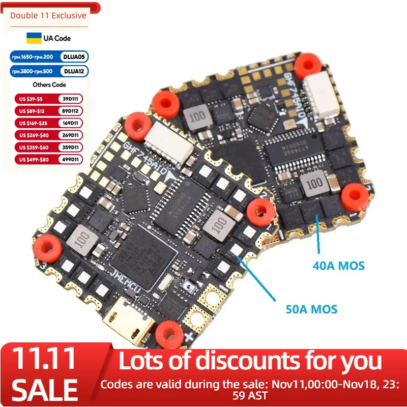 JHEMCU GHF745AIO MPU6000 F745 Flight Controller BLHELI32 G071 40A / 50A 4in1 ESC 25.5X25.5mm 3-6S for FPV Freestyle Drones