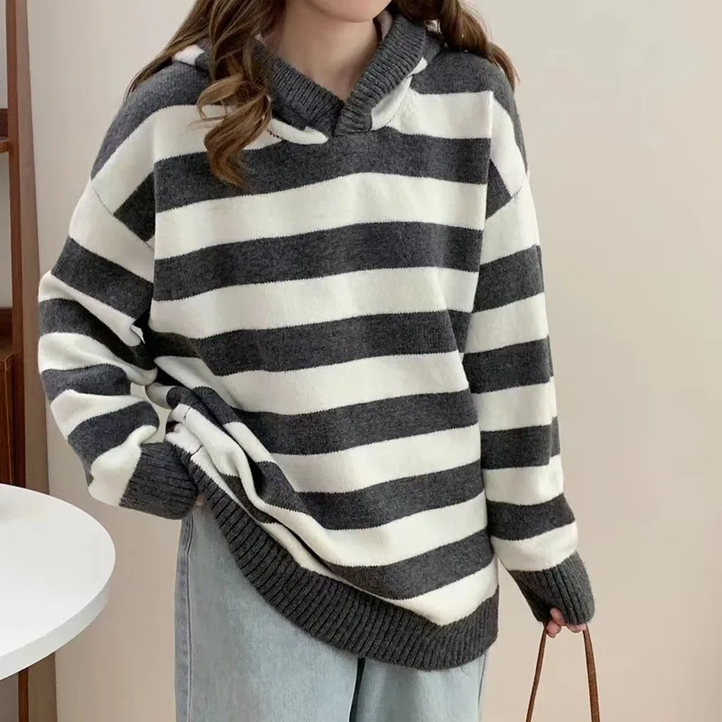 

Fall Winter Women Striped Hooded Sweater Korean Style Loose Casual Fashion Knitted Long Sleeve Mid-Length All-Match Simple Tops