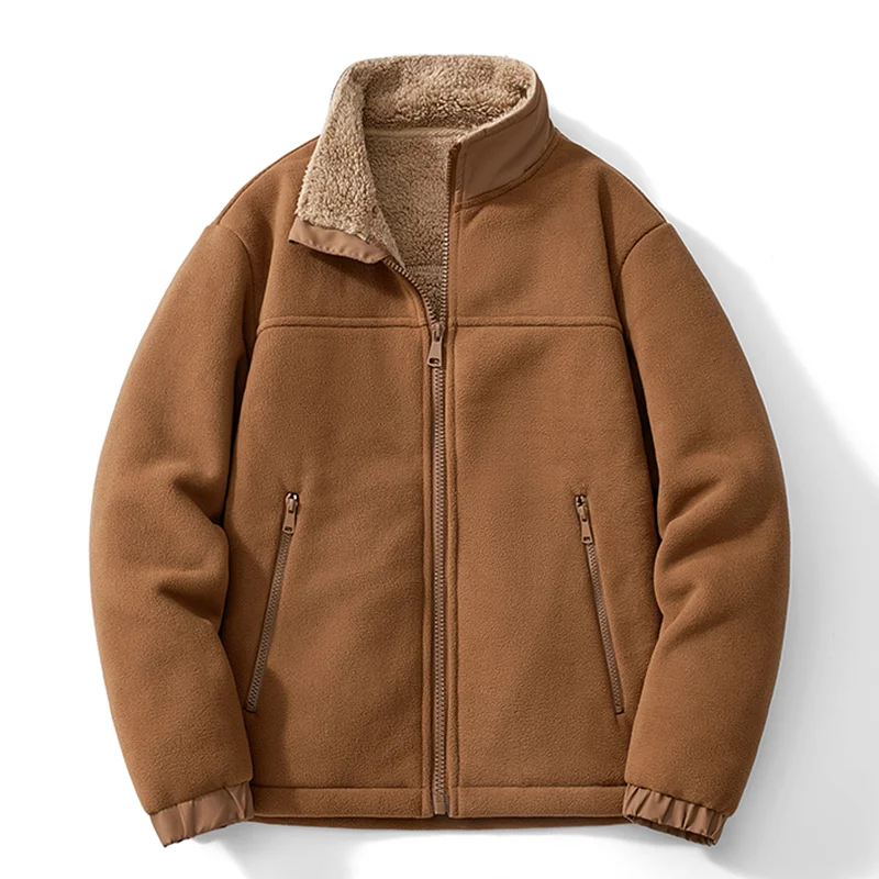 

Polar Fleece Jacket Men's Autumn Winter Thickened Casual Stand Collar Sherpa Fleece Coat Warm Cotton-Padded Jacket Outwear